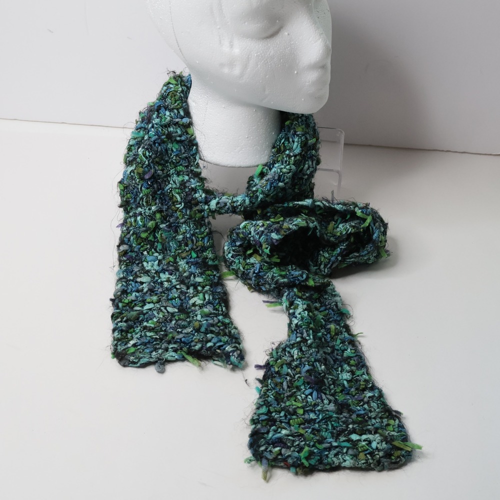 Handmade Chunky Knit Scarf Blue Green Teal Textured Confetti Yarn 72 Inch Boho